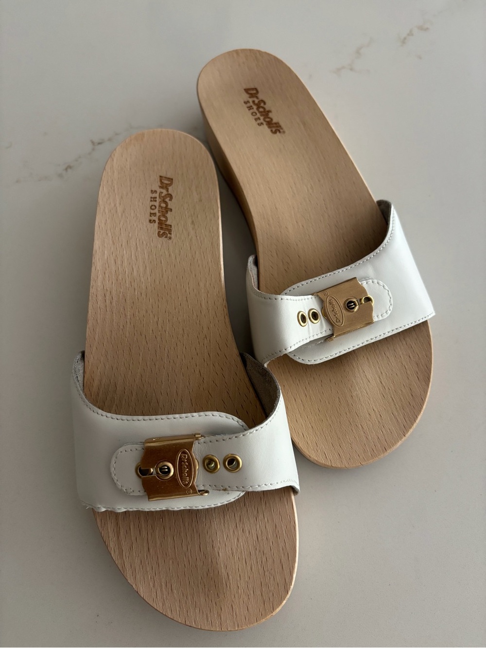 Dr. Scholl's White Leather Slide Sandals with Gold Buckle